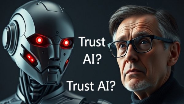AI in Retirement Planning: Futuristic robot and thoughtful man pondering AI trust.