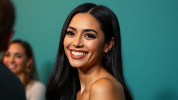 Elegant woman smiling at an event with teal background.