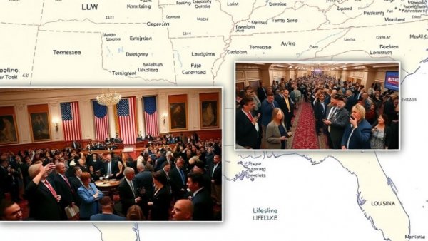 Map with Tennessee, Louisiana highlighted; political meetings overlaid.