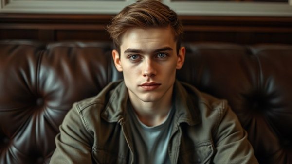 Young man seated on couch, neutral expression, indoor setting.