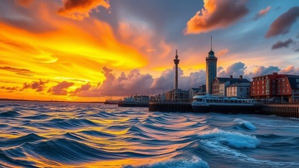 Sunset at Portsmouth waterfront with Spinnaker Tower.