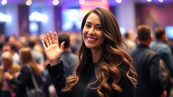 Smiling woman waving at an indoor event, photorealistic style.