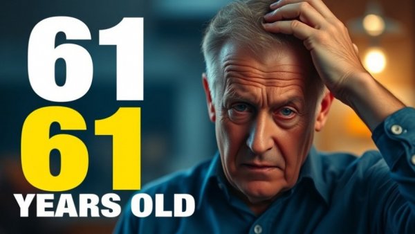Older man in frustration under text '61 YEARS OLD', indoor setting, glycine anti-aging.