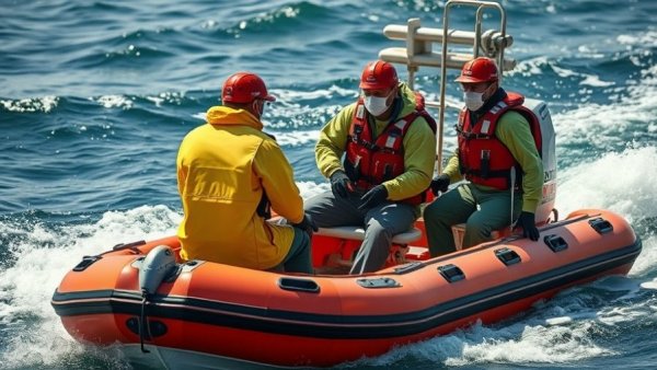 Medical team on rescue boat in protective gear highlighting Hantavirus risk in the United States.
