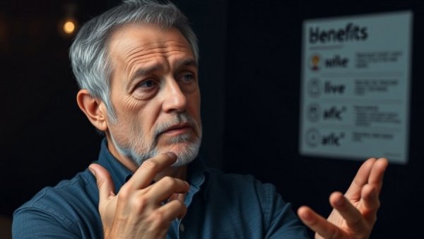 Middle-aged man discusses health habits for seniors, thoughtful expression.