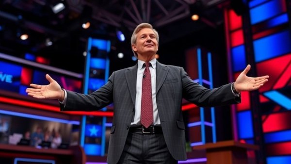 Talk show host on Late Show set with band, celebrating Stephen Colbert's final episode.