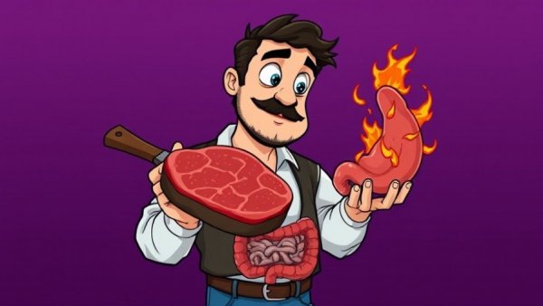 Cartoon man with steak examines inflamed intestines.