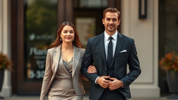 Elegantly dressed couple walking confidently at an event entrance.