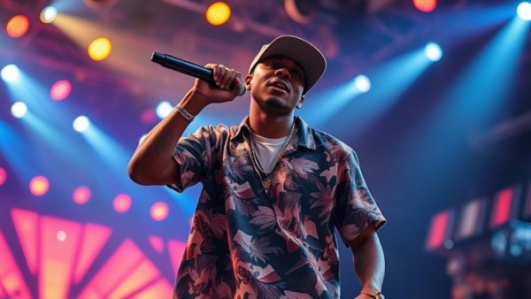 Hip-hop artist performing passionately on stage, wearing cap.