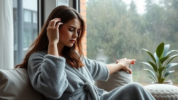 Distressed woman in robe contemplating by window.