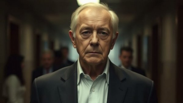 Older man in a suit, serious expression during health checkup, focus on Trump Annual Health Physical.