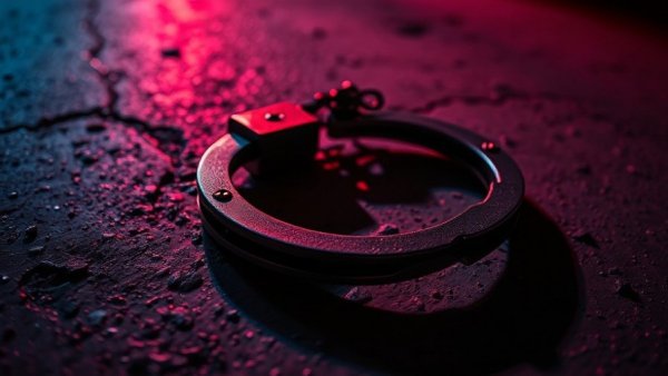 Close-up of open metal handcuffs on textured surface, red-blue lighting.