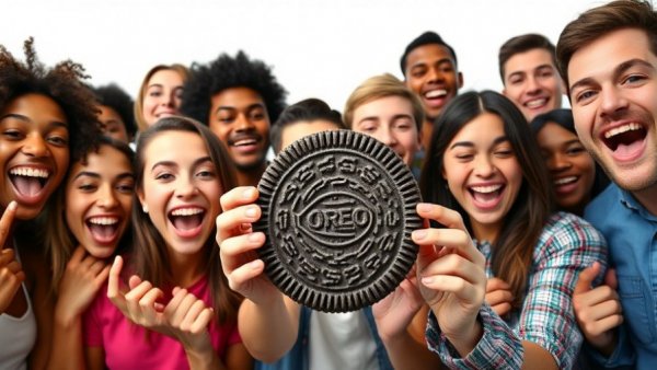 Excited group holding limited-edition Oreo BTS cookie in a bright setting.