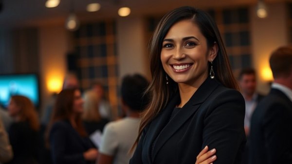 Professional woman highlighting leadership at an evening event.
