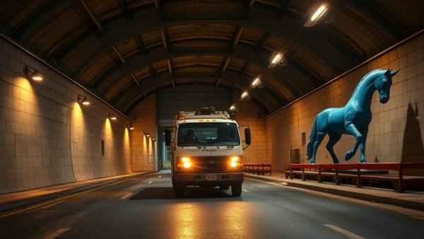 Utility vehicle in Denver Airport tunnels; blue horse sculpture outside.