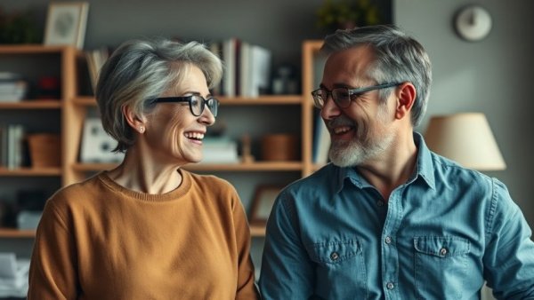 Engaging couple discussing decluttering tips in home office.