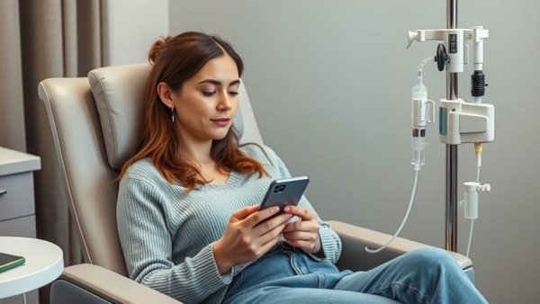 Woman in clinic chair during single infusion of ketamine for depression