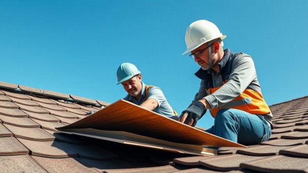 Workers inspecting a roof with safety equipment, related to fortified roof grants Louisiana.