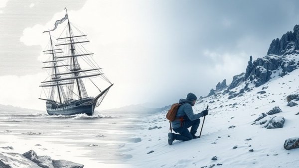 Juxtaposition of Franklin expedition ship and modern explorer.
