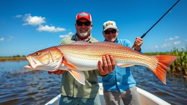 Louisiana fishing adventure with anglers catching redfish on a sunny day.