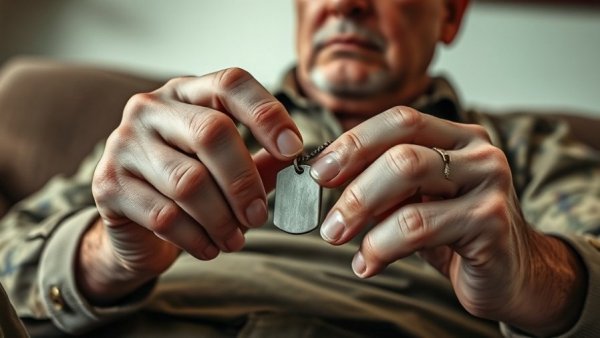 Veteran holding dog tags, symbolizing identity and reflection.