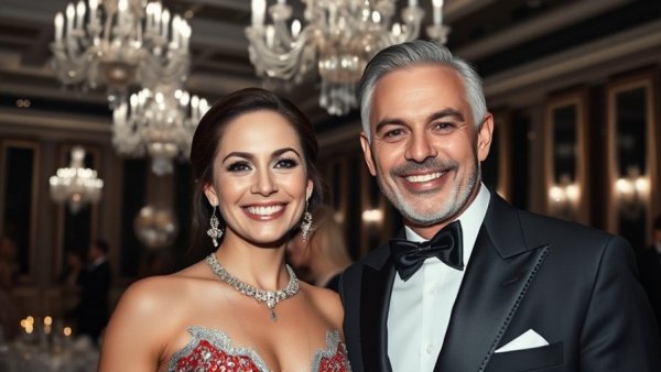Classic black-and-white photo of an elegant couple at an event.