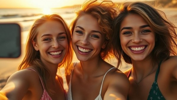 Joyful women capturing a selfie at sunset beach.