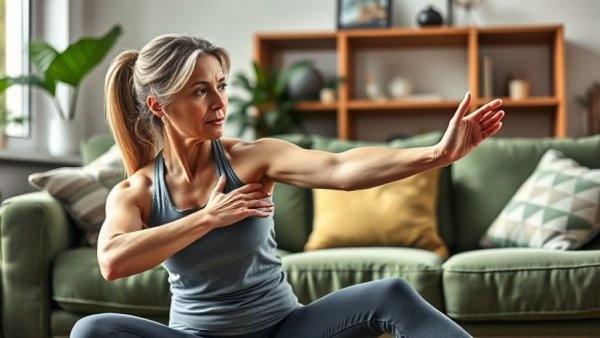 Middle-aged woman practicing yoga at home improving sleep for cancer survivors.