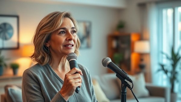 Mature woman discussing her first year retired in cozy living room.