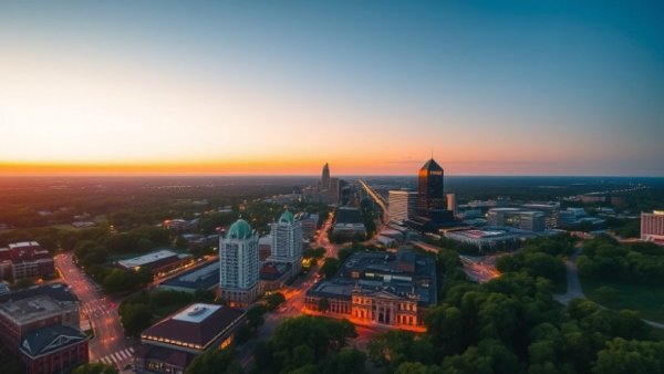 Aerial view of Mississippi cityscape at sunset.
