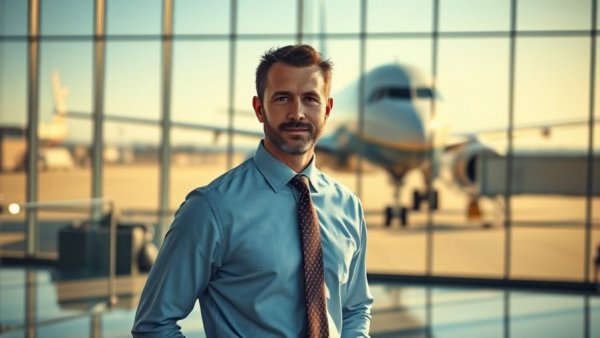 Professional man at airport with airplane, premium perks airline experience.
