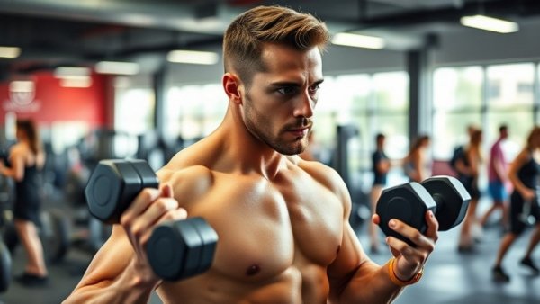 Exercise may slash dementia risk as fit man lifts dumbbells in gym.
