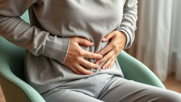 Gut microbiome and sepsis risk illustrated by person clutching stomach in discomfort.