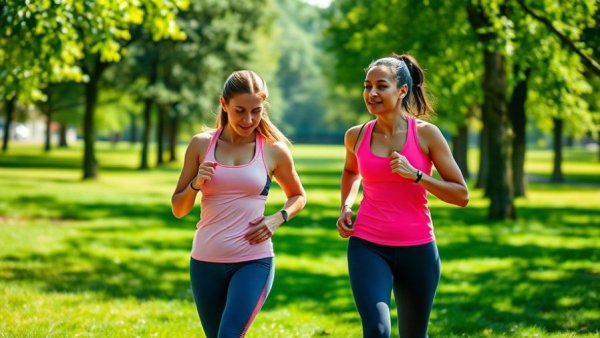 Two women walking in park on a sunny day.