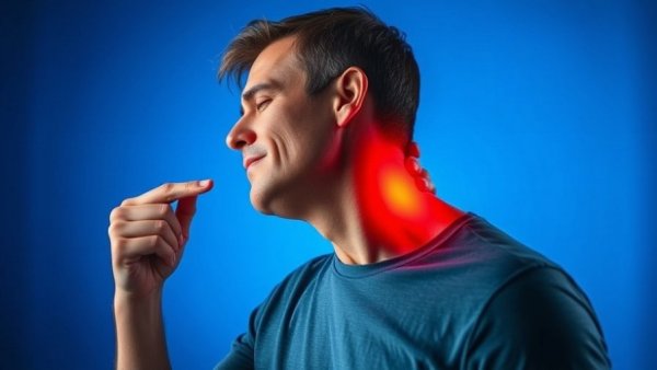 Senior man demonstrating neck pain exercise with visual aid.