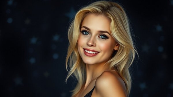 Elegant blonde woman posing against a starry night background.