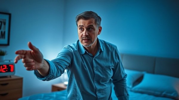 Restless legs syndrome treatment explained by man pointing.