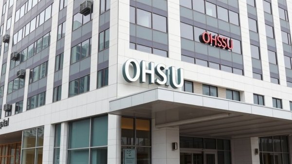 Exterior of OHSU Hospital building related to heart valve implanted upside down lawsuit.