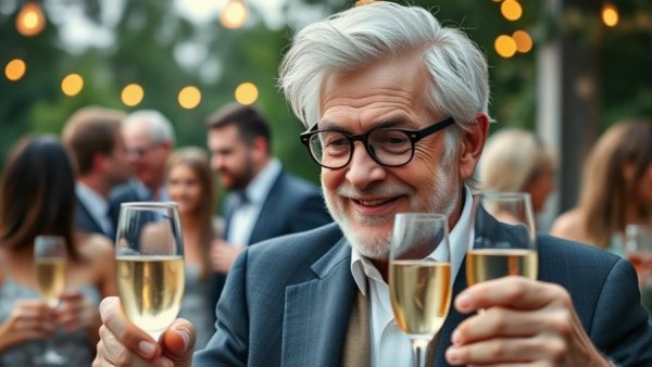 Distinguished film critic smiling at an outdoor celebration.