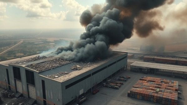 Aerial view of California warehouse fire aftermath, thick smoke billowing.