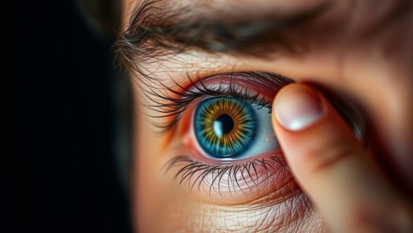 Close-up of an eye with man pointing, highlighting eye strain.