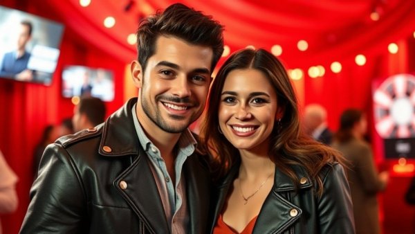 Young couple at movie event, dressed elegantly, smiling.