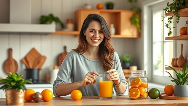 Woman making orange juice highlighting vitamin C benefits, cozy kitchen environment.