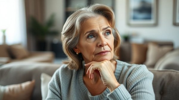 Mature woman reflecting on retirement identity crisis.