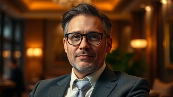 Portrait of a well-dressed man with glasses indoors.