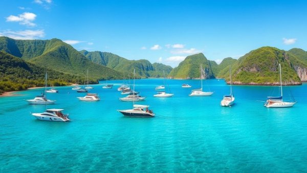 Scenic tropical bay in Indonesia with boats and green hills.