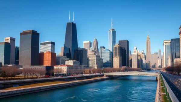 Skyline of downtown Chicago on a clear day, highlighting cityscape.
