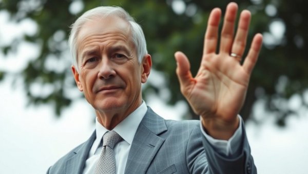 Distinguished older man outdoors raising hand, soft light.