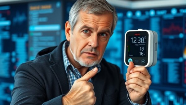 Man pointing at high blood pressure reading, concerned expression, indoors.