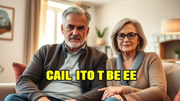 Serious mature couple in living room with call-to-action text